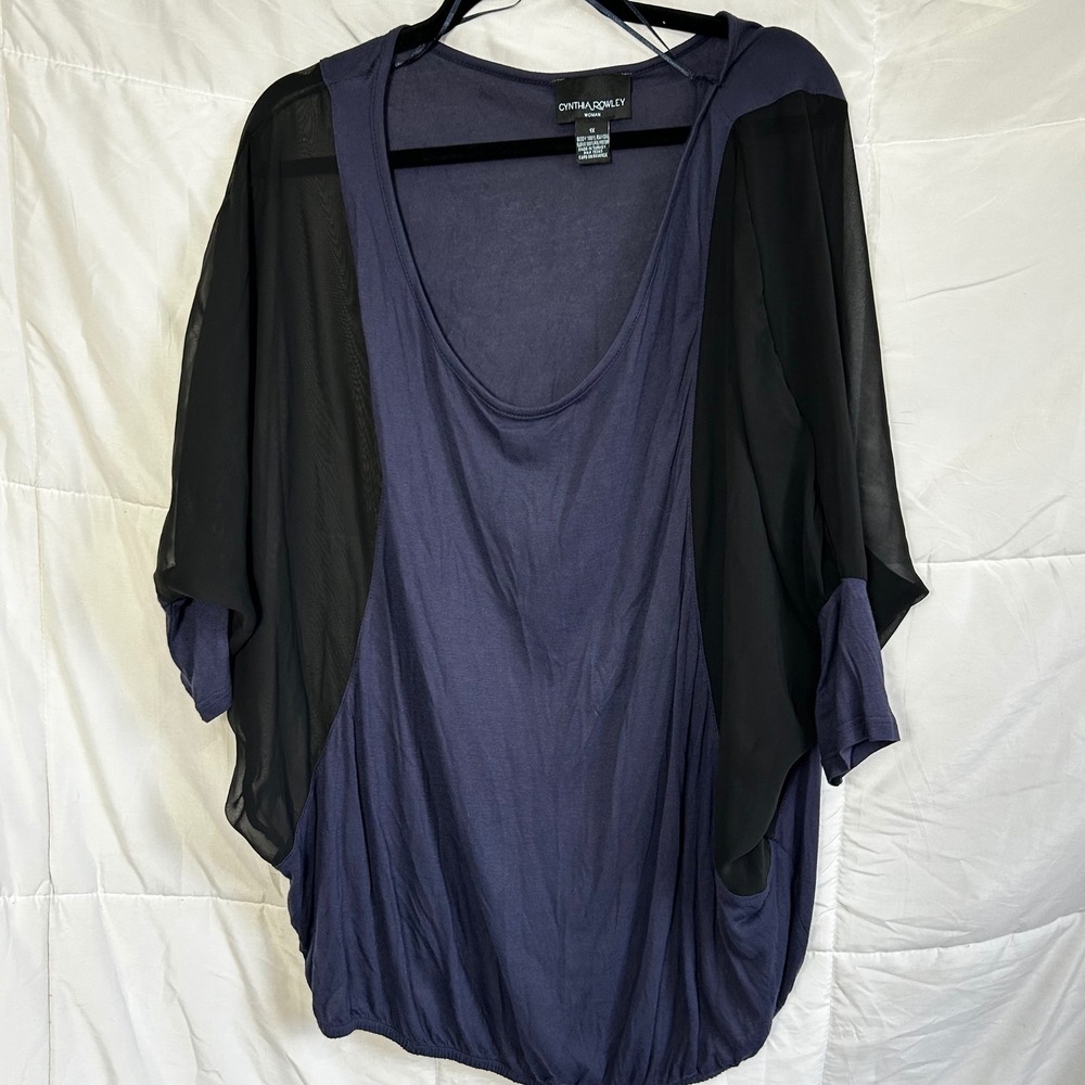 Cynthia Rowley Woman 1X Navy Blue Sheer Sleeve Dolman Top‎ Blouse Tunic